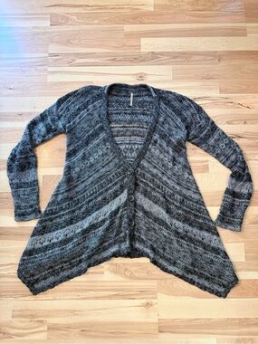 Free People Gray Marled Pointelle Knit Waterfall Cardigan Sweater S Boho Casual